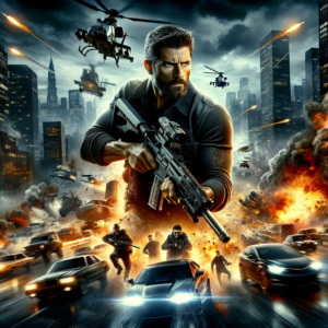 DALL·E 2024-01-20 00.27.46 - A movie poster for an action-packed film titled 'Edge of Fury'. The poster features a dynamic cityscape at night with explosions and car chases. In th