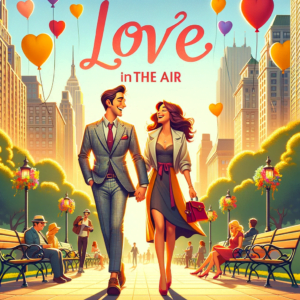 DALL·E 2024-01-20 00.43.08 - A romantic comedy movie poster titled 'Love in the Air'. The poster features a charming city park scene with a couple laughing and walking hand in han