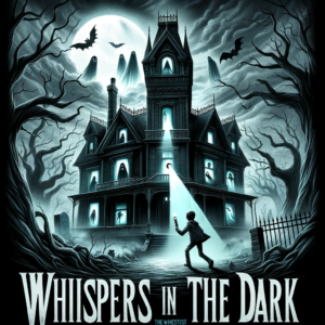 DALL·E 2024-01-20 00.43.11 - A horror movie poster titled 'Whispers in the Dark'. The poster depicts a creepy, old haunted house on a foggy night, with ghostly figures visible in